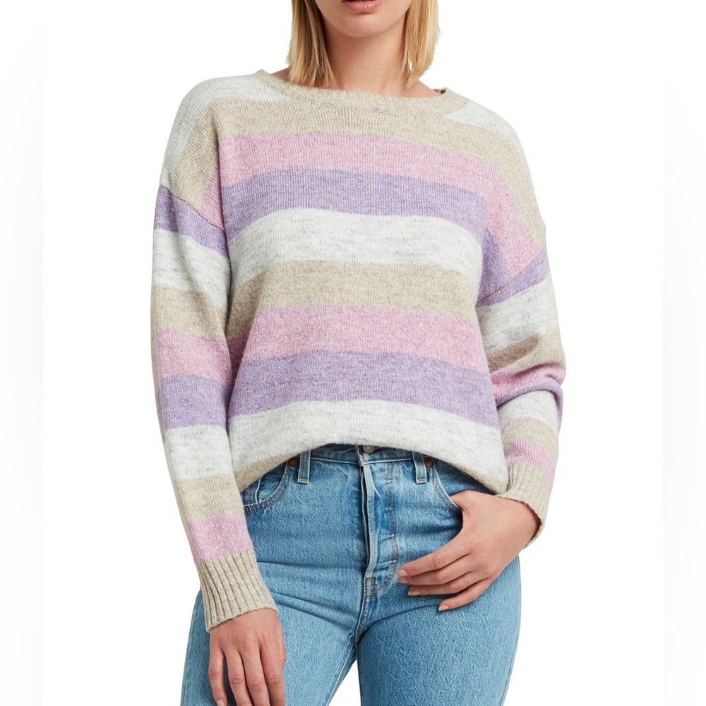 H Halston Women's Striped Crewneck Drop-Shoulder Sweater Color Multi
